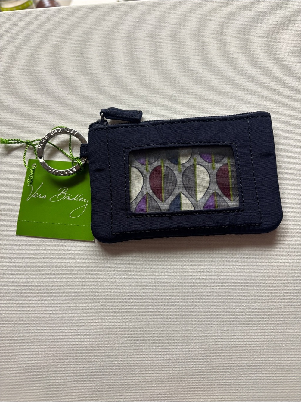 Vera Bradley Navy Card Case with Patterned Insert and Key Ring